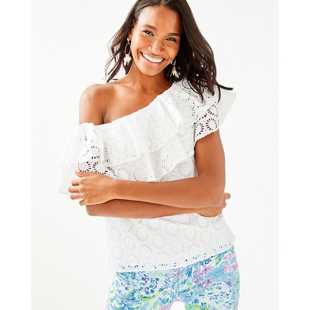 Lilly Pulitzer White One Shoulder Embroidered Top